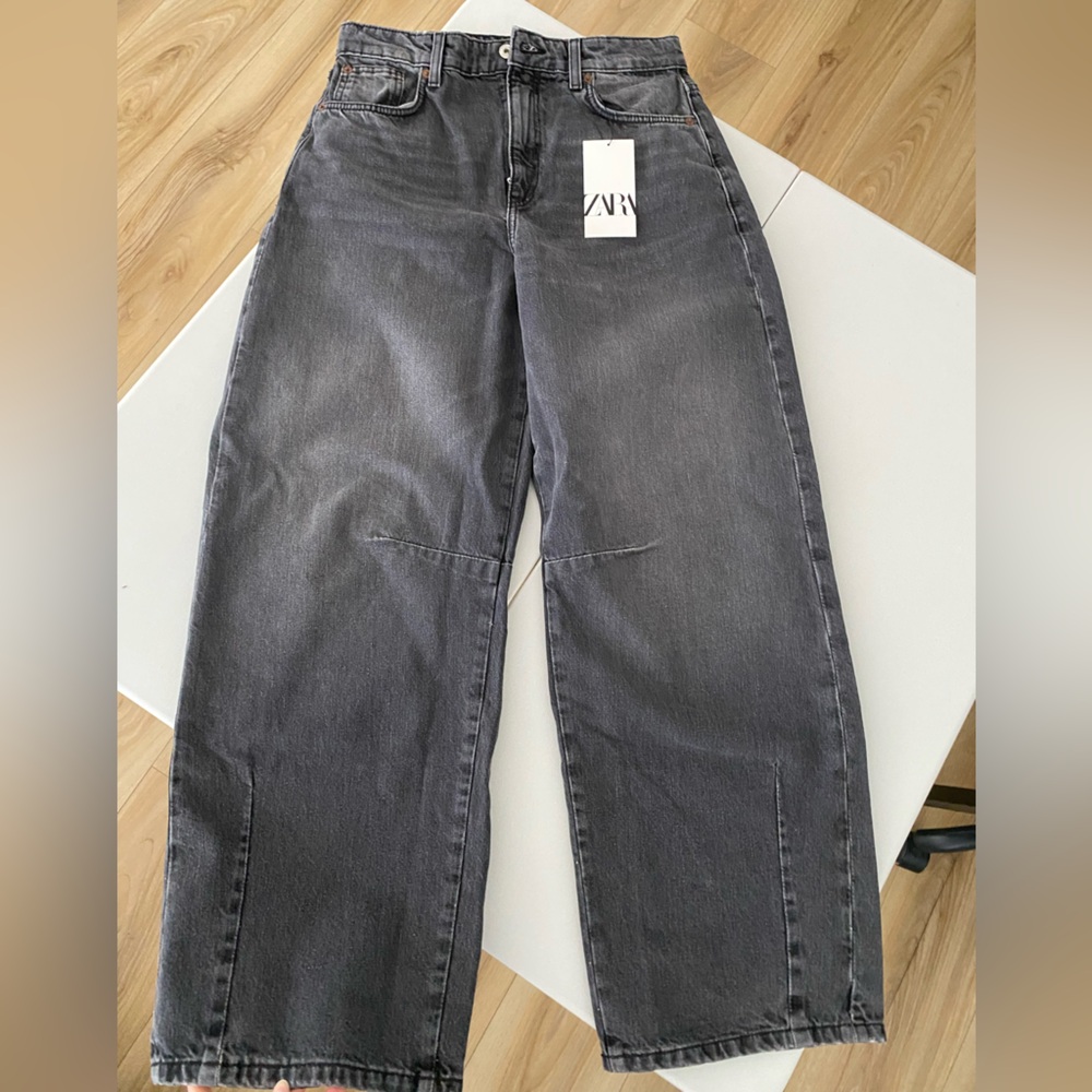 Zara Mid Waist Baggy Balloon Jeans wide leg Twisted seams Anthracite grey- new
